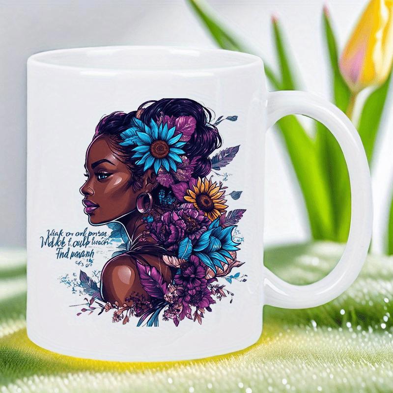 Tailorly White Ceramic 11 oz Mug - Beautiful Black Female Profile Featuring Vibrant Teal And Purple Sunflowers Woman