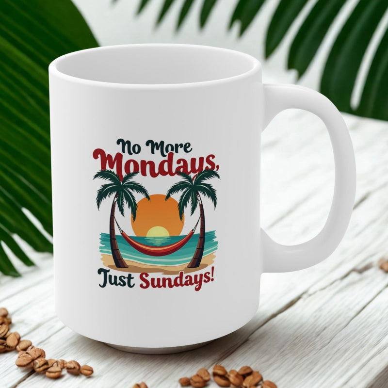 Tailorly White Ceramic 11 oz Mug - No More Mondays Just Sundays Two Tropical Palm Trees Framing A Hammock Under A Glowing Golden Sunset Mug