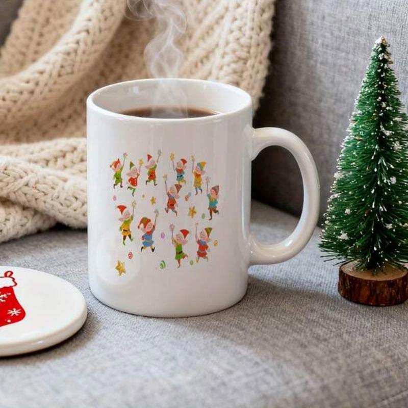 Tailorly White Ceramic 11 oz Mug - Festive Tiny Cartoon Characters Dancing Together Wearing Colorful Seasonal Holiday Clothing Elves