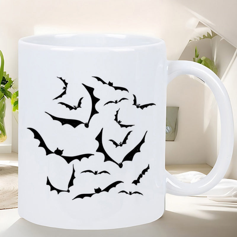Tailorly White Ceramic 11 oz Mug - Spooky Night Creatures Swarming In Flocks Across Clear White Skies Bat