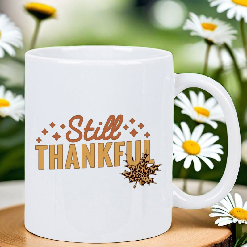 Tailorly White Ceramic 11 oz Mug - Still Thankful Leopard Pattern Maple Leaf With Small Sparkling Brown Stars Leaf