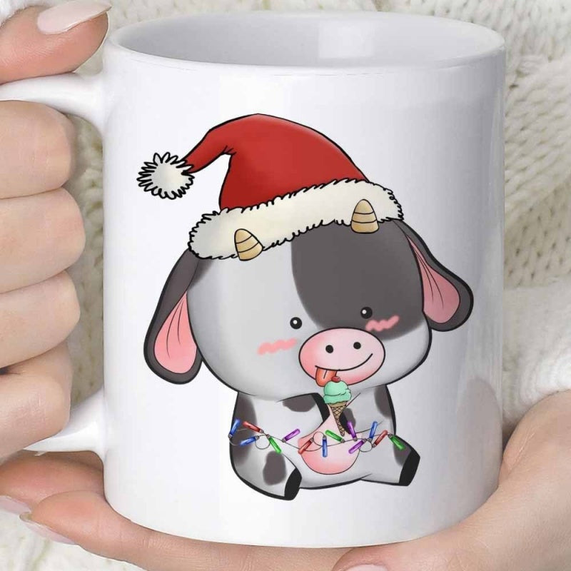 Tailorly White Ceramic 11 oz Mug - Adorable Chibi Animal Wearing Red Santa Hat Wrapped In Christmas Lights Cow