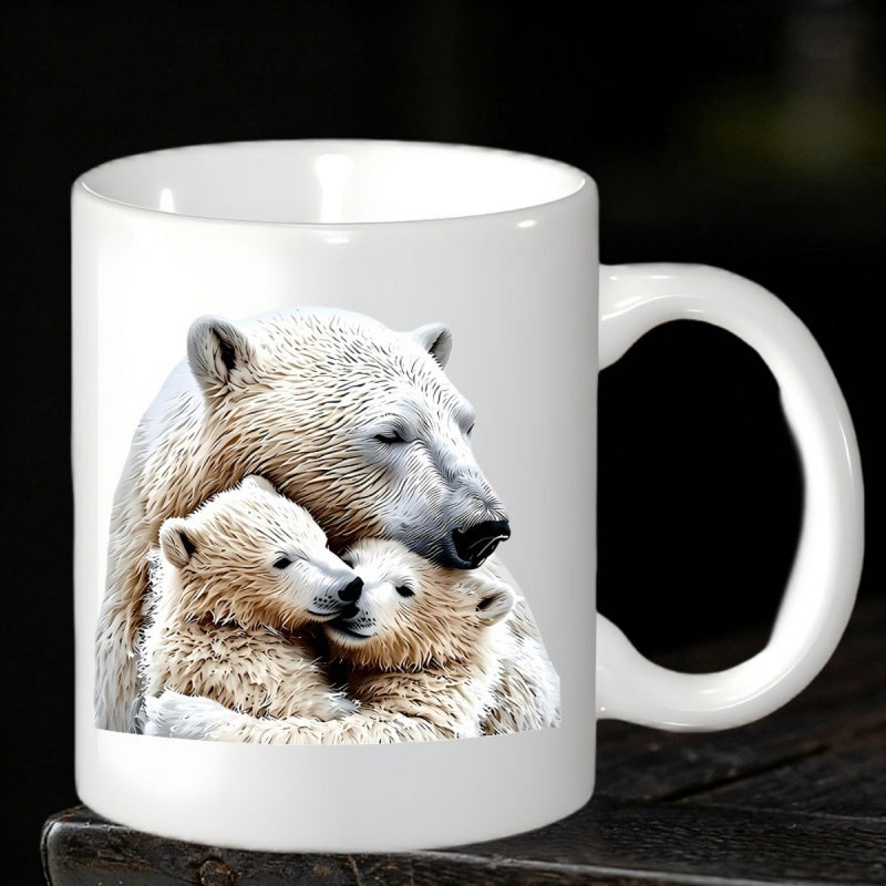 Tailorly White Ceramic 11 oz Mug - Majestic Mother Polar Bear Cuddling Two Fluffy Cubs In Snowy Wild Polar Bear