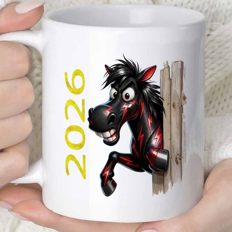 Tailorly White Ceramic 11 oz Mug - 2026 Funny Cartoon Black Horse Peeking Through Rustic Wooden Fence Design Horse