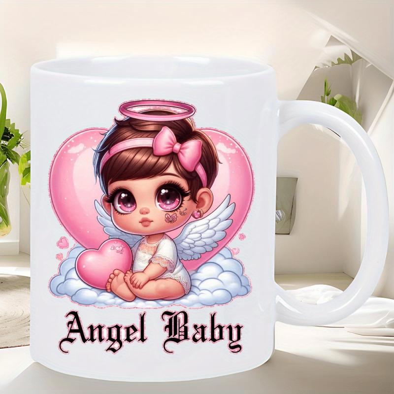Tailorly White Ceramic 11 oz Mug - Angel Baby Adorable Little Girl With Pink Wings Sitting Upon Fluffy Soft Clouds Baby
