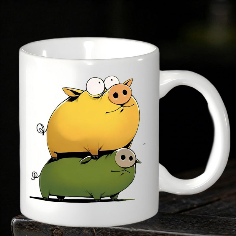 Tailorly White Ceramic 11 oz Mug - Chubby Yellow And Green Stacked Animals In Cartoon Style Pig