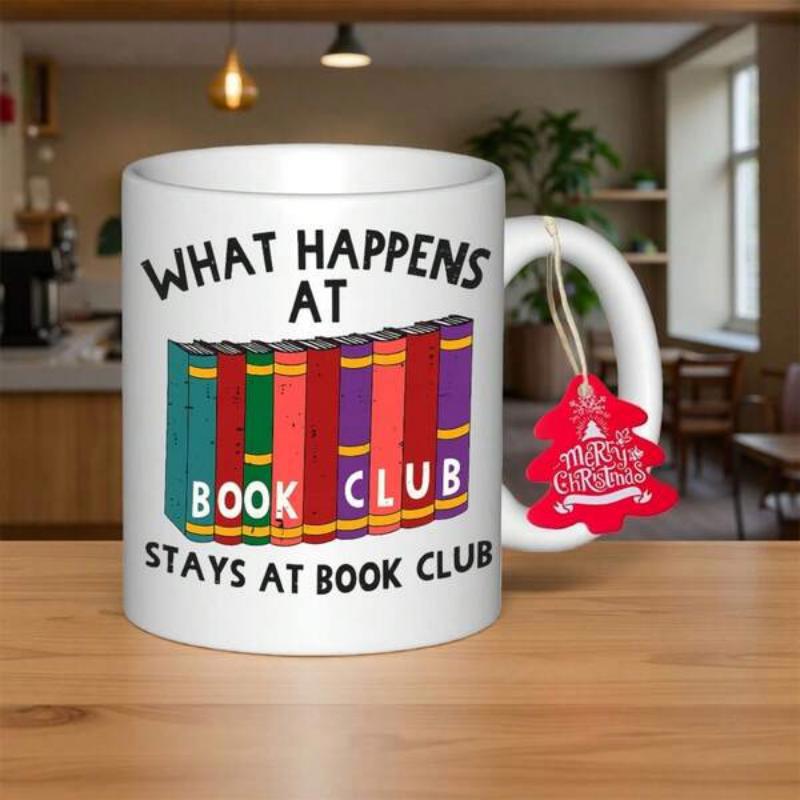 Tailorly White Ceramic 11 oz Mug - What Happens At Book Club Stays At Book Club Vibrant Multi Colored Hardcover Volumes Neatly Arranged Side By Side On Surface