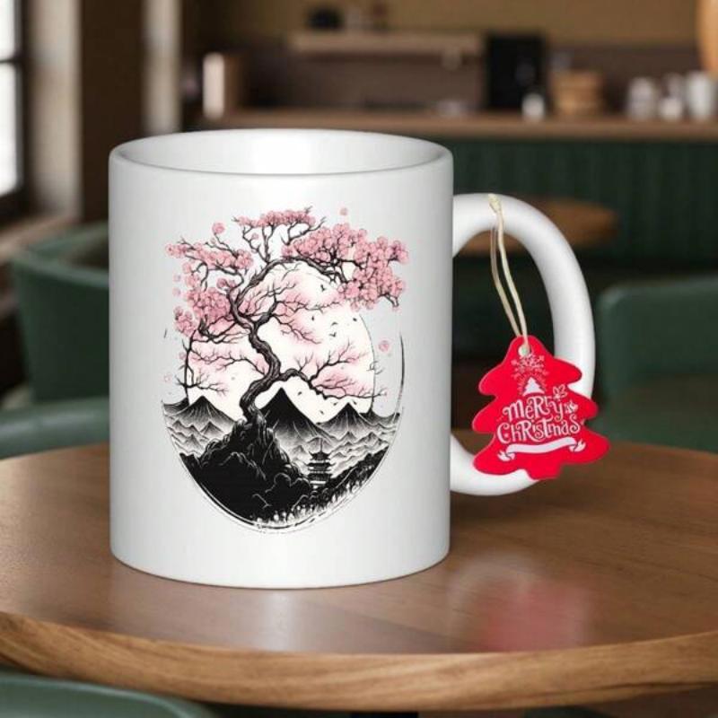 Tailorly White Ceramic 11 oz Mug - Merry Christmas Serene Japanese Landscape Featuring Blooming Pink Cherry Blossoms And Traditional Pagoda Tree