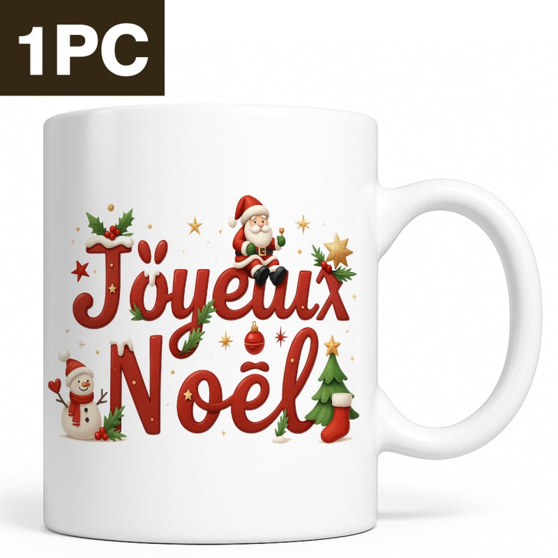 Tailorly White Ceramic 11 oz Mug - Festive Holiday Scene Featuring Jolly Santa And Snowman Among Golden Stars Santa