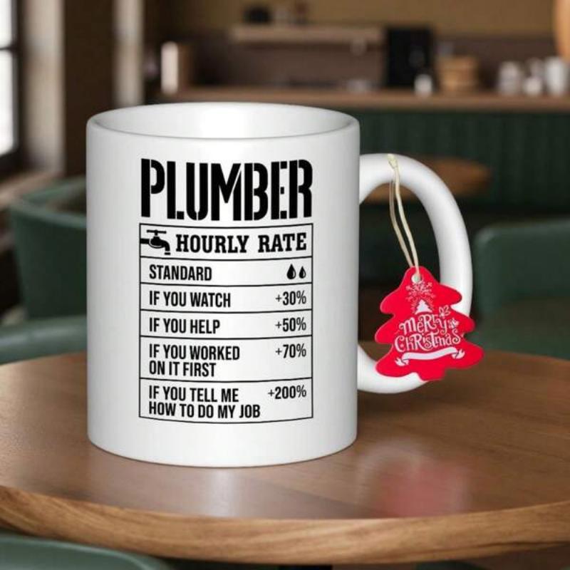Tailorly White Ceramic 11 oz Mug - Plumber Hourly Rate Minimalist Black Ink Illustration Of A Dripping Faucet Plumber