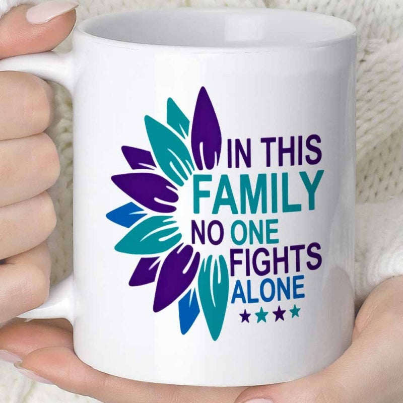 Tailorly White Ceramic 11 oz Mug - In This Family No One Fights Alone Half Artistic Floral Bloom With Teal And Purple Petals Sunflower