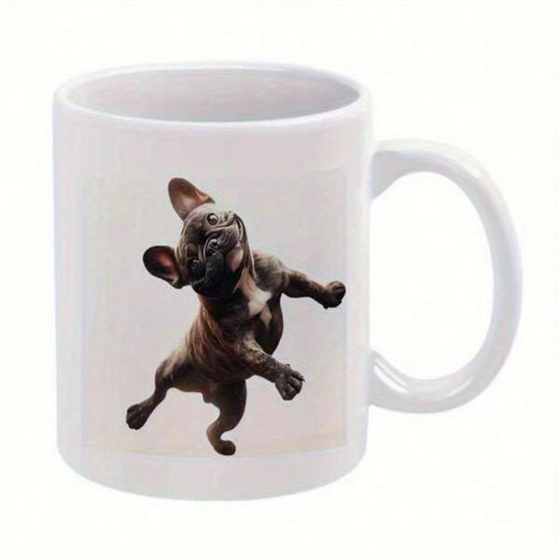 Tailorly White Ceramic 11 oz Mug - Energetic Playful Jumping Frenchie Dog Moving Through Bright Empty Space French Bulldog