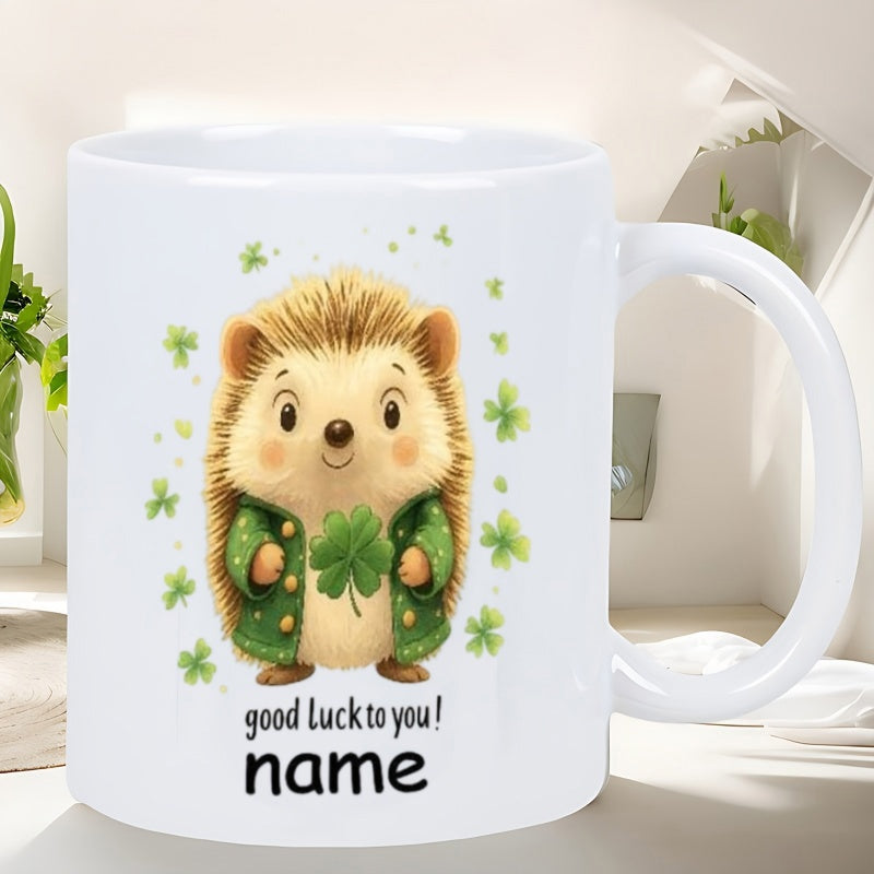 Tailorly White Ceramic 11 oz Mug - Good Luck To You Name Adorable Cartoon Animal Wearing Green Jacket Holding Small Four Leaf Clover Hedgehog
