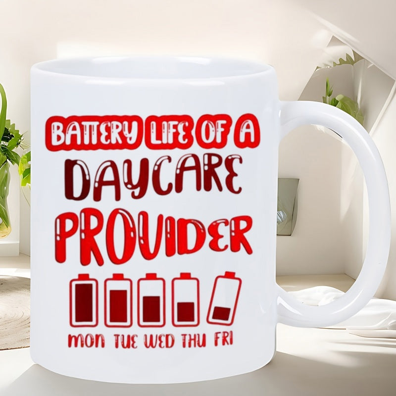 Tailorly White Ceramic 11 oz Mug - Battery Life Of A Daycare Provider Mon Tue Wed Thu Fri Five Vibrant Red Battery Icons With Decreasing Charge Levels Showing