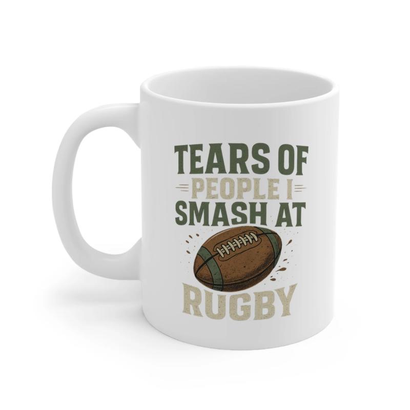 Tailorly White Ceramic 11 oz Mug - Tears Of People I Smash At Rugby Textured Brown Ball With White Laces And Dynamic Motion Lines Rugby Ball