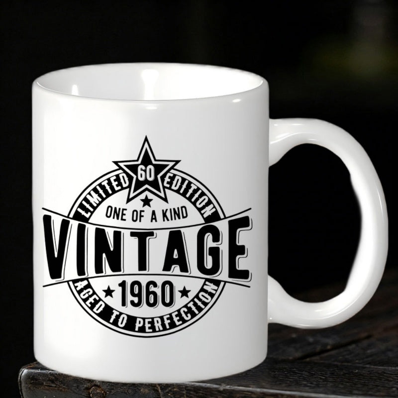 Tailorly White Ceramic 11 oz Mug - Limited Edition One Of A Kind Vintage 1960 Aged To Perfection Classic Circular Retro Label With Star Elements And Decorative
