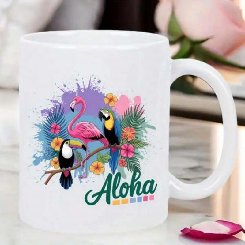 Tailorly White Ceramic 11 oz Mug - Aloha Vibrant Tropical Birds Among Exotic Flowers And Lush Palm Leaves Flamingo