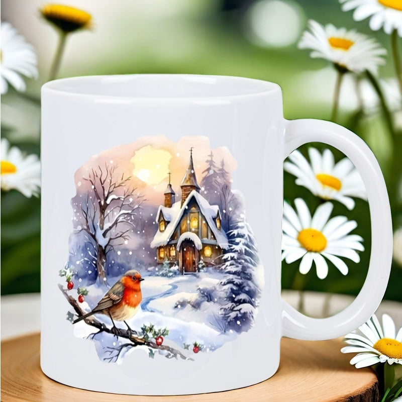 Tailorly White Ceramic 11 oz Mug - Charming Robin Bird Perched On Snowy Branch Near Cozy Winter Cottage