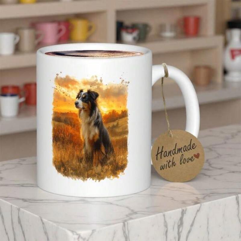 Tailorly White Ceramic 11 oz Mug - Handmade With Love Majestic Australian Shepherd Sitting In Golden Field During A Glowing Sunset Dog
