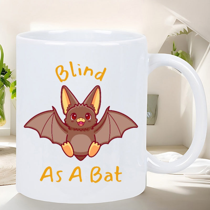 Tailorly White Ceramic 11 oz Mug - Blind As A Bat Adorable Cartoon Bat With Outstretched Wings Smiling Cheerfully In Mid Air Bat