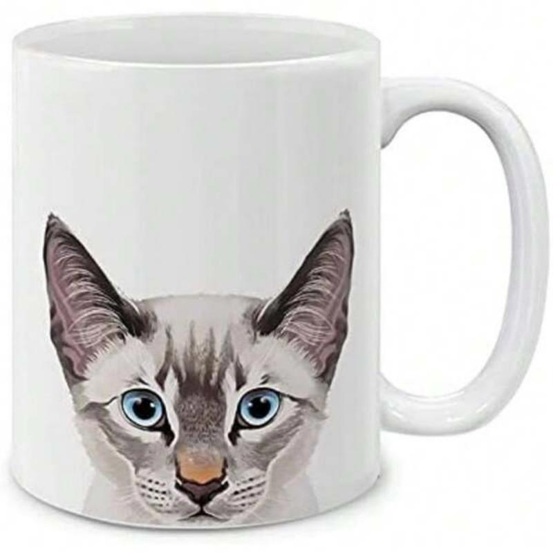 Tailorly White Ceramic 11 oz Mug - Graceful Siamese Cat With Piercing Blue Eyes And Sharp Detailed Features Cat