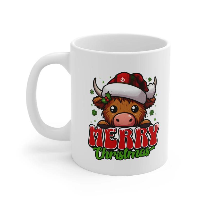 Tailorly White Ceramic 11 oz Mug - Merry Christmas Adorable Brown Cartoon Calf Wearing Plaid Santa Hat Among Snowflakes Cow