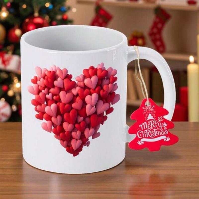 Tailorly White Ceramic 11 oz Mug - Merry Christmas Multiple Small Pink And Red Textured 3D Symbols Forming A Large Heart