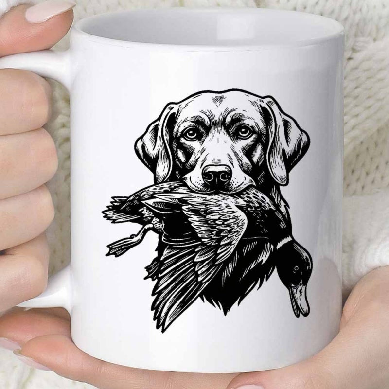 Tailorly White Ceramic 11 oz Mug - Detailed Ink Sketch Of A Hunting Retriever Carrying A Wild Duck Dog
