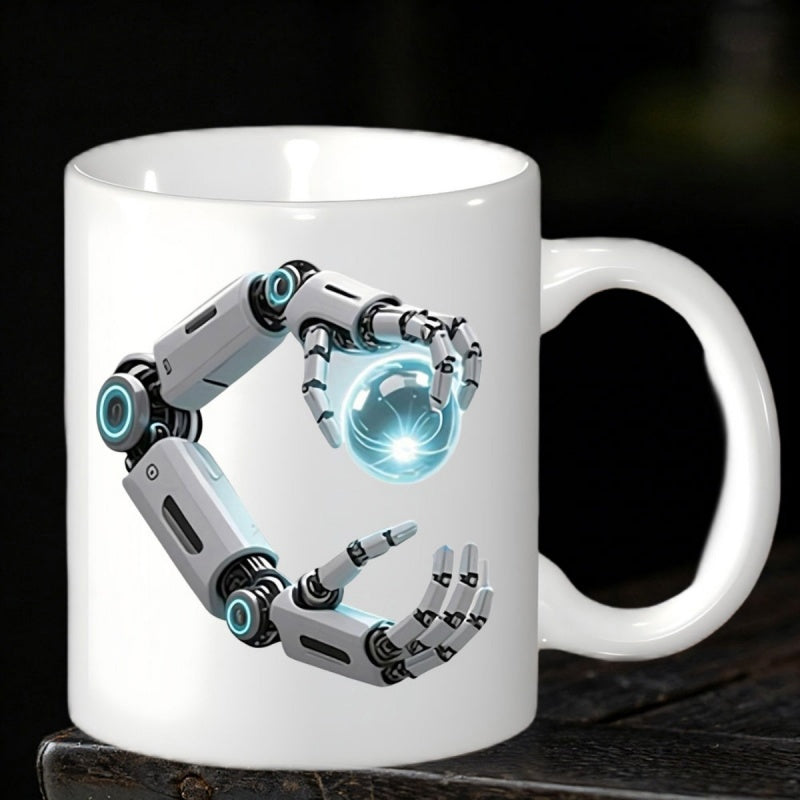 Tailorly White Ceramic 11 oz Mug - Futuristic Mechanical Cyborg Limbs Holding A Glowing Blue Energy Sphere Orb Robot Arm