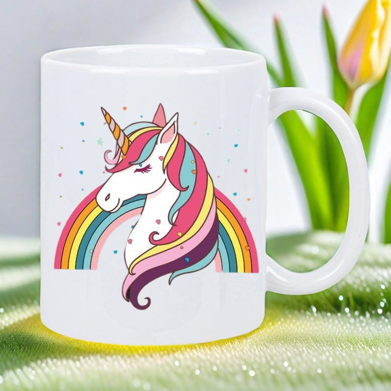 Tailorly White Ceramic 11 oz Mug - Magical Rainbow With Colorful Mane Among Sparkling Stars Mythical Unicorn