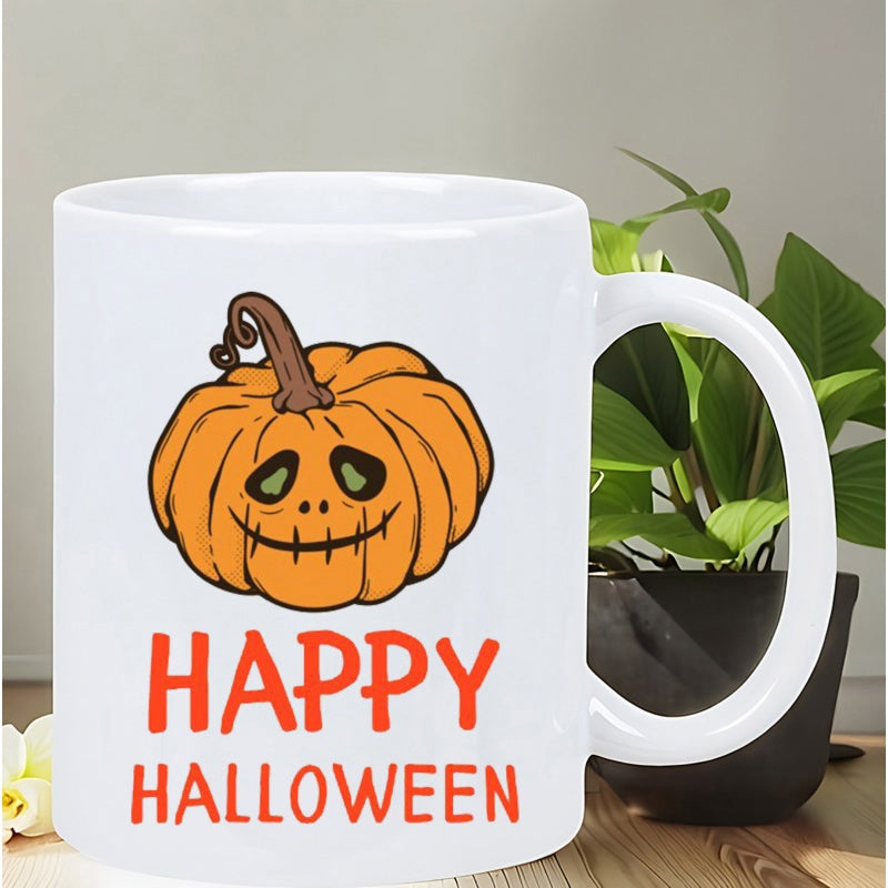 Tailorly White Ceramic 11 oz Mug - Happy Halloween Vibrant Orange Carved Jack O Lantern With Brown Stem Pumpkin