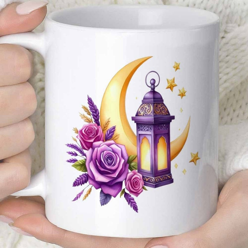Tailorly White Ceramic 11 oz Mug - Radiant Purple Roses Surrounded By Golden Crescent Moon And Sparkling Stars Lantern