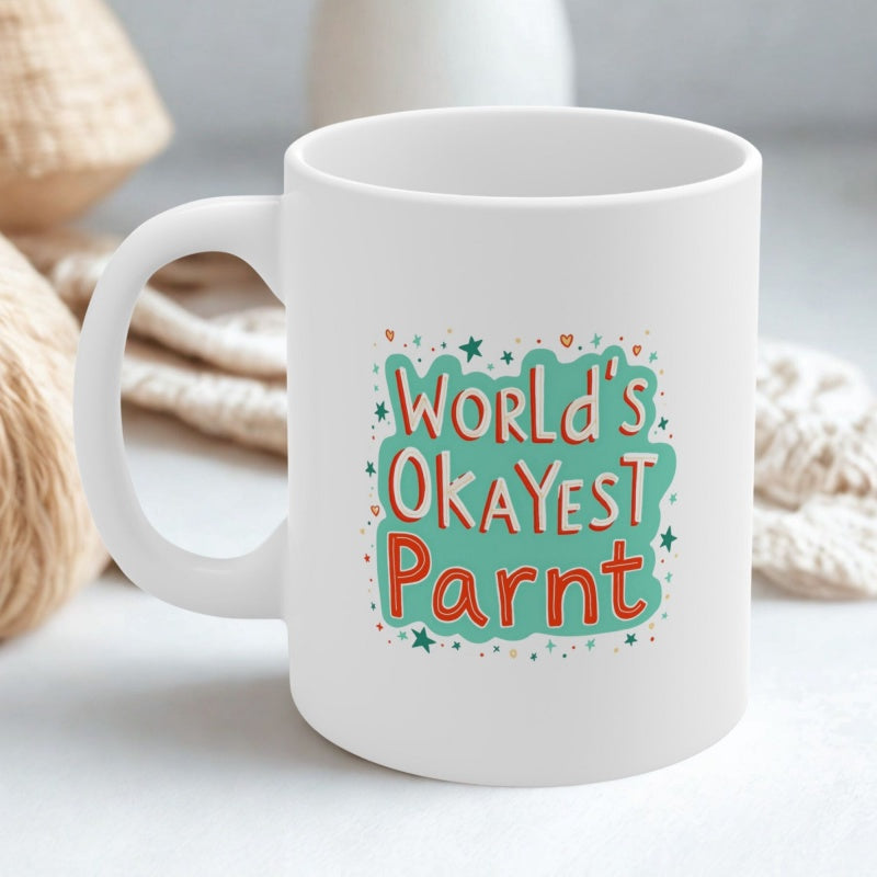 Tailorly White Ceramic 11 oz Mug - Worlds Okayest Parent Artistic Bubbly Background Surrounded By Many Colorful Tiny Shining Stars Mug