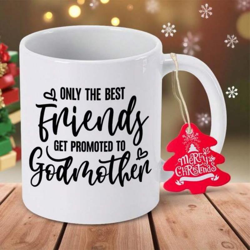 Tailorly White Ceramic 11 oz Mug - Only The Best Friends Get Promoted To Godmother Featuring Elegant Script Typography With Small Hearts Mug