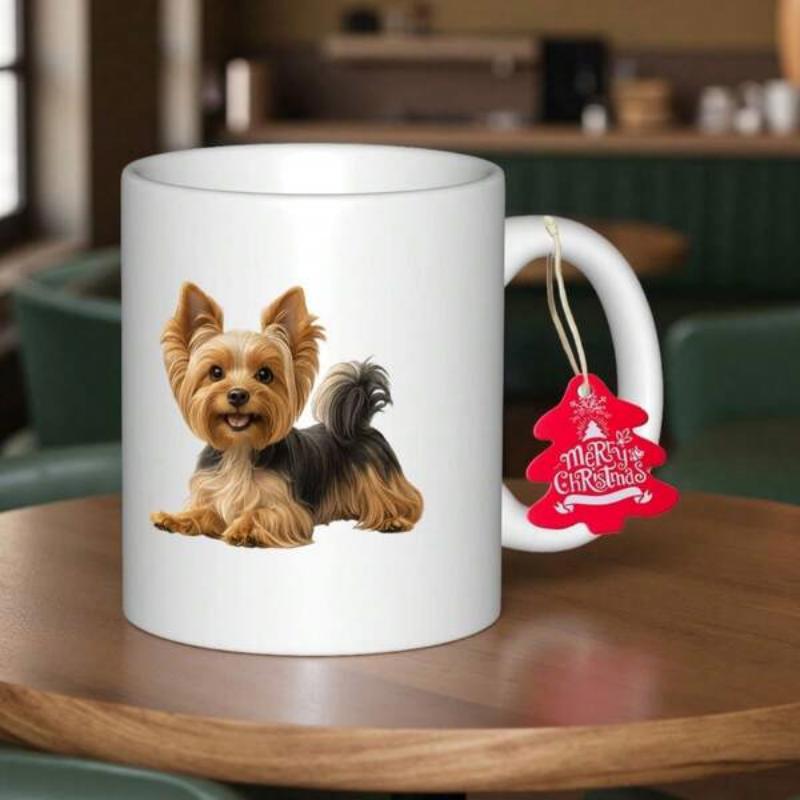 Tailorly White Ceramic 11 oz Mug - Merry Christmas Adorable Small Brown And Black Furry Yorkshire Terrier Sitting Dog