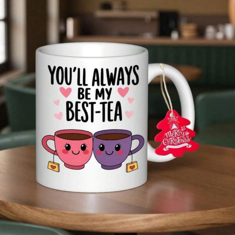 Tailorly White Ceramic 11 oz Mug - Youll Always Be My Best Tea Two Adorable Smiling Ceramic Cups Surrounded By Floating Pink Romantic Hearts Teacup