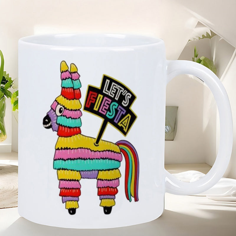 Tailorly White Ceramic 11 oz Mug - Let's Fiesta Colorful Striped Festive Mexican Party Animal Ornament Featuring Rainbow Tail Pinata