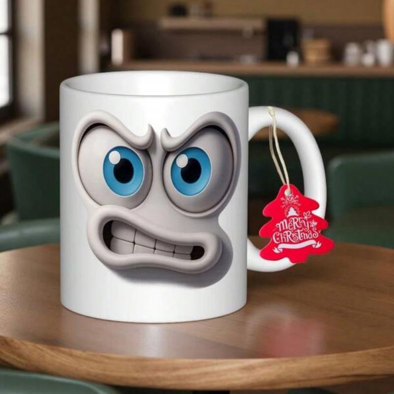 Tailorly White Ceramic 11 oz Mug - Merry Christmas Grumpy 3D Cartoon Expression With Large Blue Eyes And Grit Teeth Face