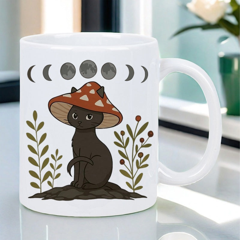 Tailorly White Ceramic 11 oz Mug - Black Feline Wearing Mushroom Hat Among Botanical Leaves And Moon Phases Cat