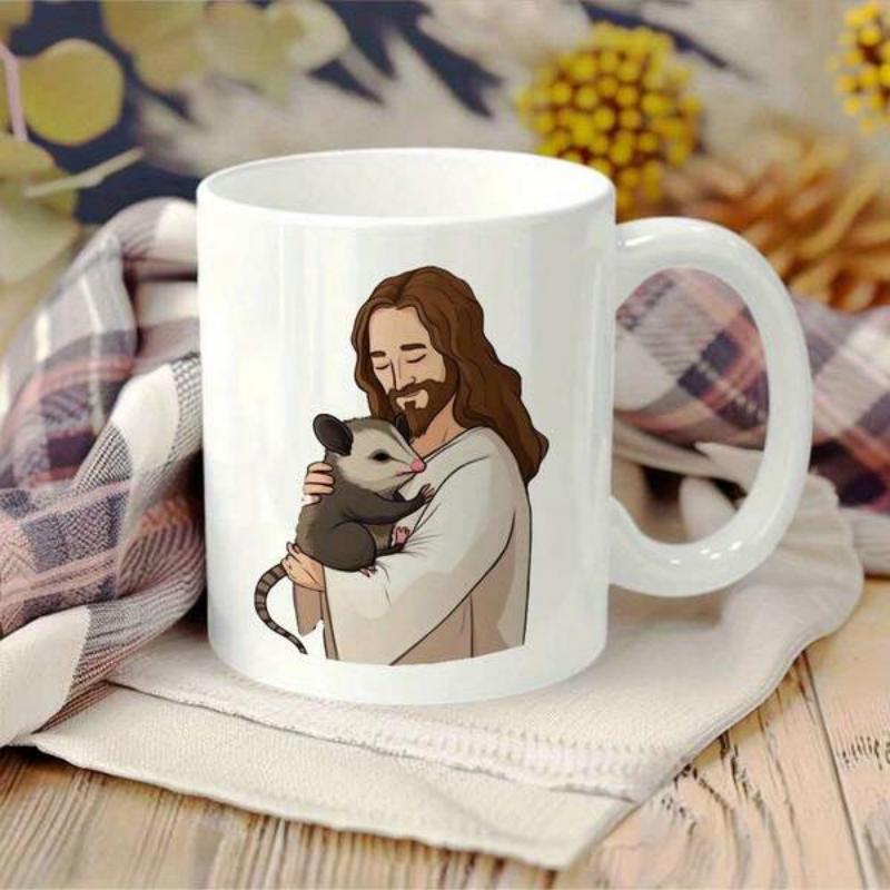 Tailorly White Ceramic 11 oz Mug - Gentle Compassionate Figure With Flowing Hair Cradling A Small Wild Opossum