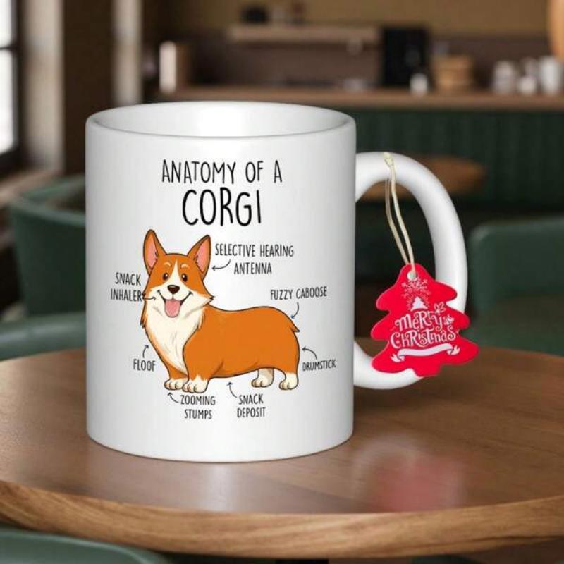 Tailorly White Ceramic 11 oz Mug - Anatomy Of A Corgi Detailed Hand Drawn Illustration Of A Happy Standing Pembroke Welsh Corgi