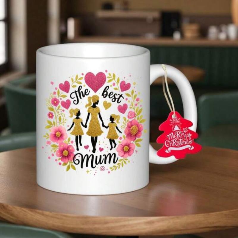 Tailorly White Ceramic 11 oz Mug - The Best Mum Silhouettes Of A Mother And Two Daughters In A Pink Heart Wreath