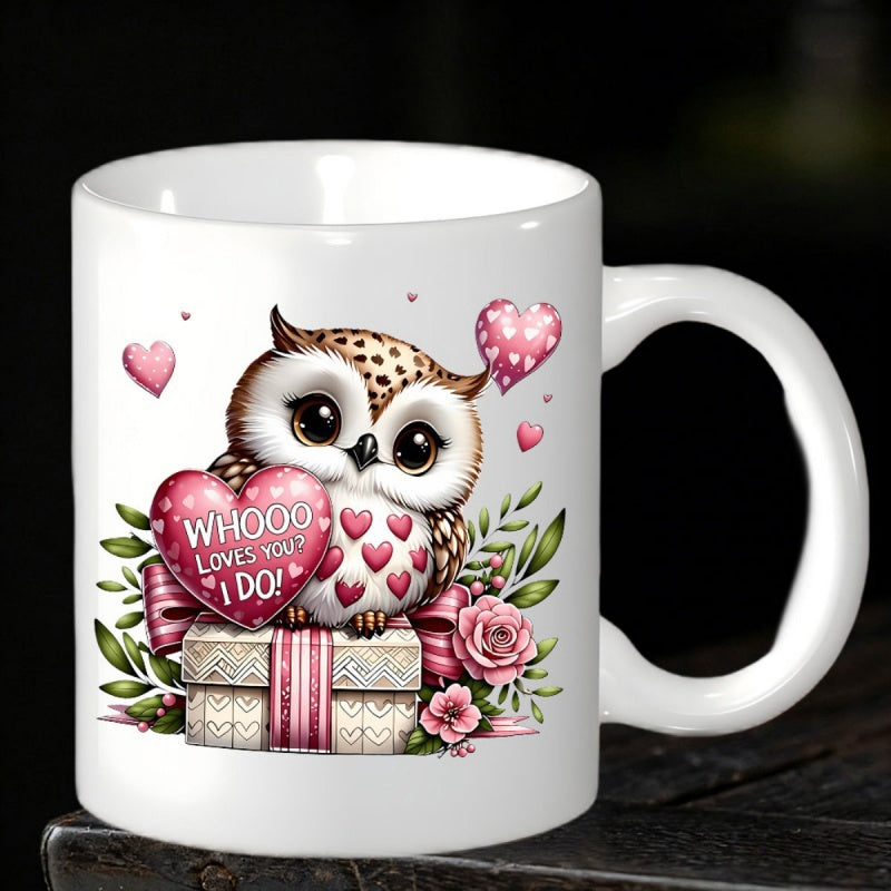 Tailorly White Ceramic 11 oz Mug - Whooo Loves You I Do Adorable Spotted Bird Sitting On Gift Box Among Pink Hearts And Rose Owl