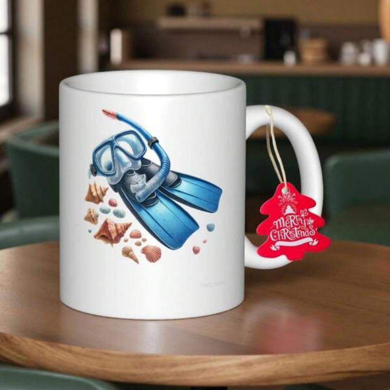 Tailorly White Ceramic 11 oz Mug - Merry Christmas Blue Scuba Equipment With Flippers Among Underwater Shells And Bubbles Diver