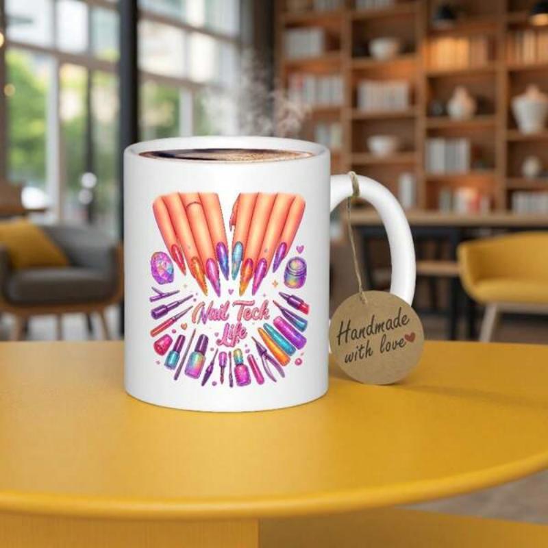 Tailorly White Ceramic 11 oz Mug - Nail Tech Life Vibrant Colorful Manicure Design Featuring Professional Beauty Salon Polish Bottle Tools Nails