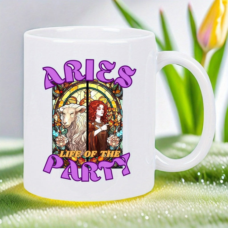 Tailorly White Ceramic 11 oz Mug - Aries Life Of The Party Stained Glass Illustration With Red Haired Lady And Majestic Celestial Ram
