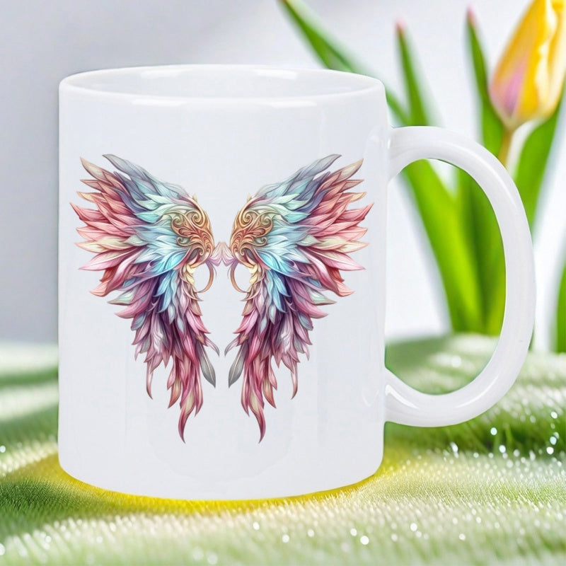 Tailorly White Ceramic 11 oz Mug - Vibrant Colorful Feathers Spreading Gracefully With Artistic Pink And Teal Tones Wings