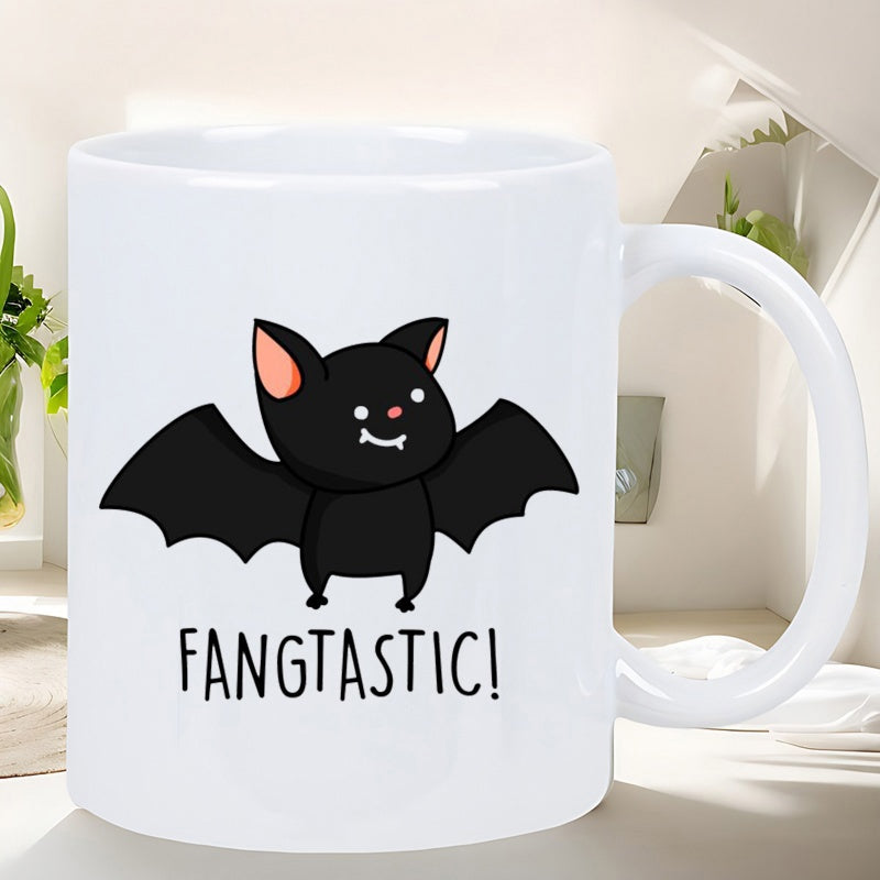 Tailorly White Ceramic 11 oz Mug - Fangtastic Cute Little Black Creature With Wide Spread Wings And Tiny Fangs Bat