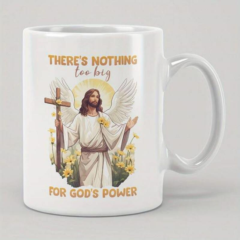 Tailorly White Ceramic 11 oz Mug - There's Nothing Too Big For God's Power Religious Figure With Wings Holding Cross Among Blooming Yellow Flowers Jesus