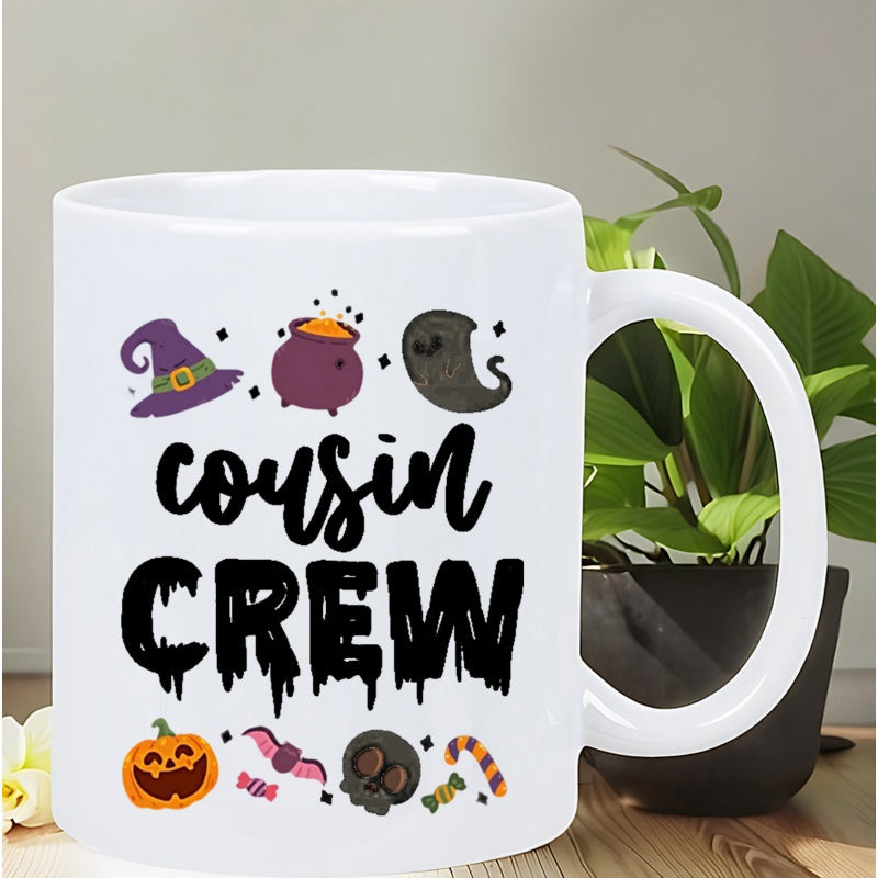 Tailorly White Ceramic 11 oz Mug - Cousin Crew Spooky Halloween Elements Featuring A Friendly Ghost And Carved Pumpkin